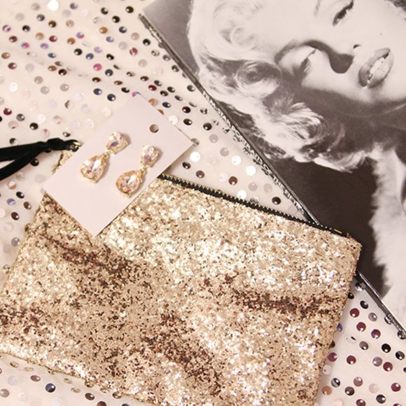 Champagne Crystal Drop Earrings & Gold Glitter Purse Set - Picture 2 of 5